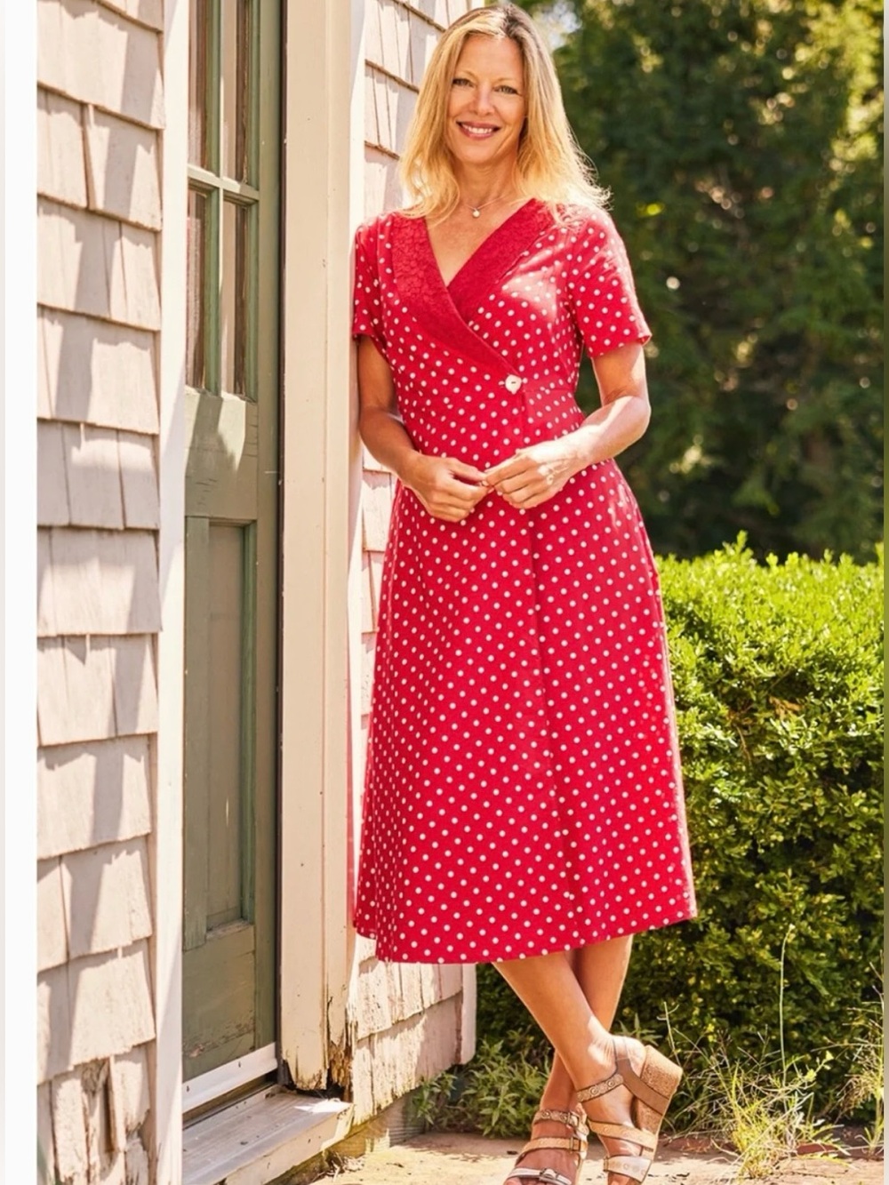 April Cornell Red Polka Dot Wrap Midi Dress with Mother of Pearl Button.Size XXL
